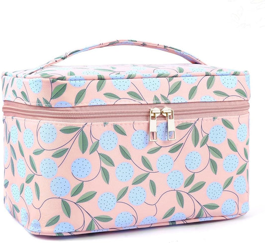 MAANGE Travel Makeup Bag, Cosmetic Bag, Portable Large Capacity Makeup Case, Make Up Organizer For Women, Oxford Cloth Toiletry Bag With Handle (Pink Plants)