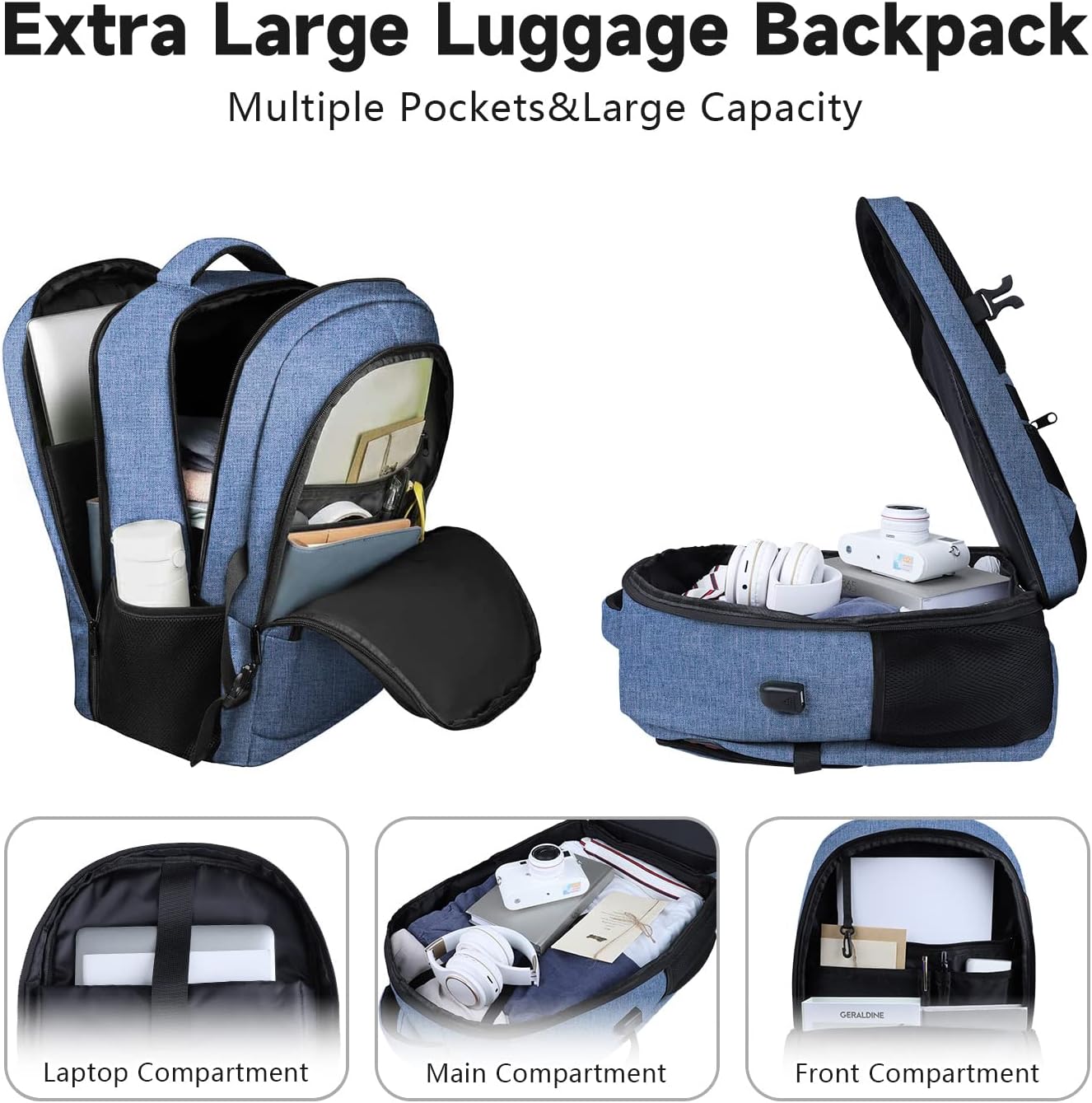 Lapsouno Extra Large Travel Backpack, TSA Laptop Backpack, 17 inch Bag with USB Port, 40L Carry on College School Computer Bag for Men Women, Blue