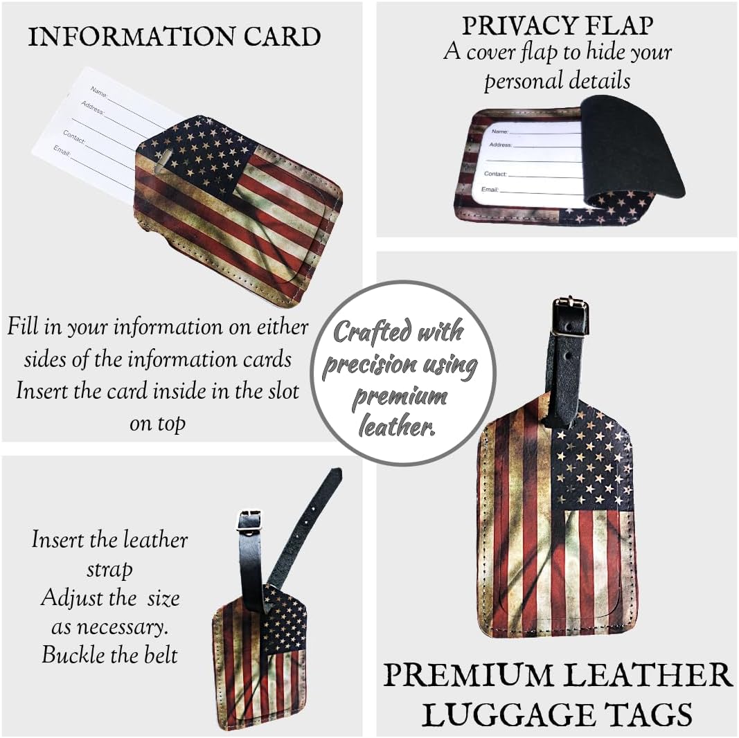 Mulch Leather Genuine Cow Leather Luggage Tag for Baggage ID Tags Travel Bag Tags for Suitcases Privacy Cover ID Label (USA Flag)