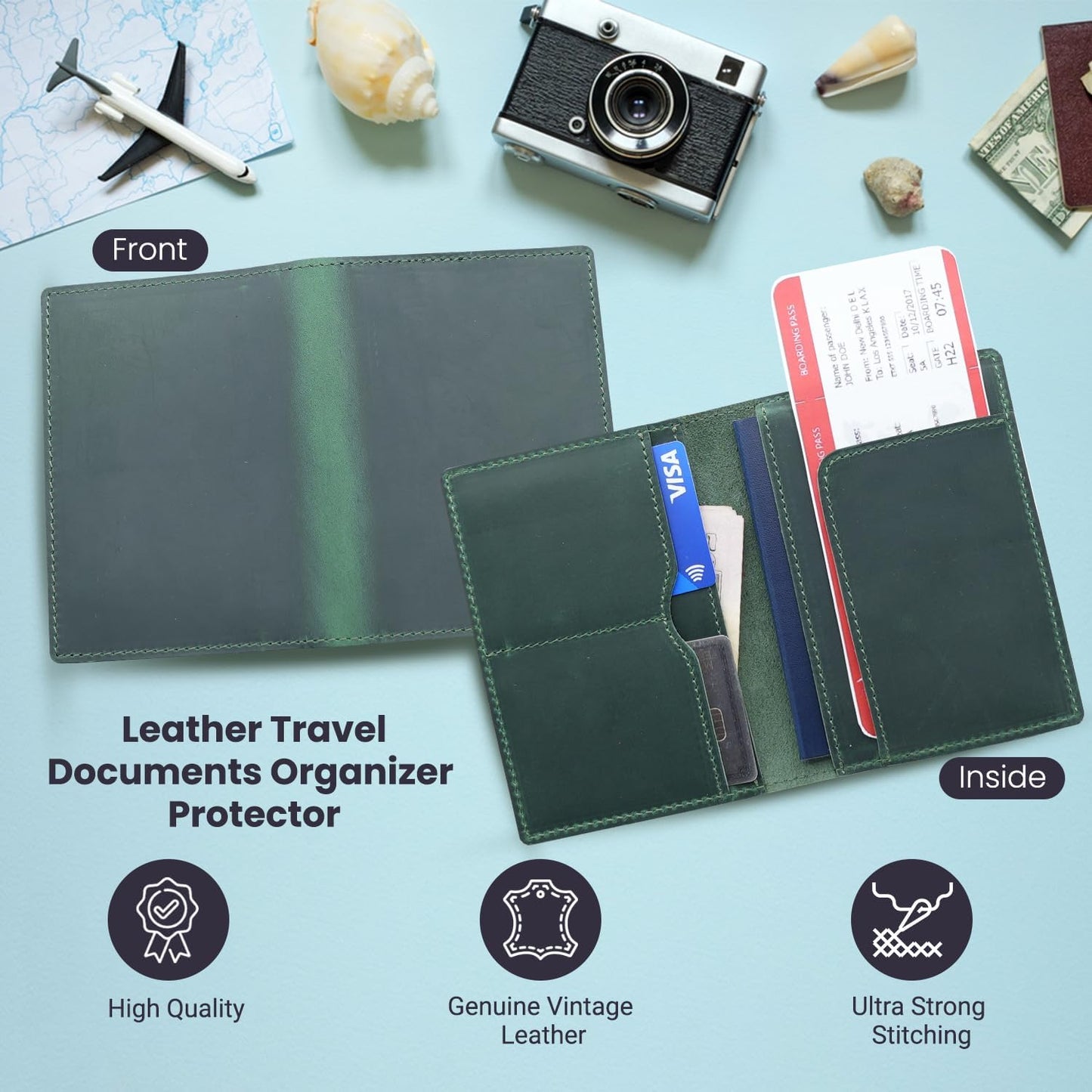 Leather Passport Holder with Travel Wallet, Genuine Leather Passport Cover- Passport Wallet, Leather Folding Wallet for Passports (Straight Cut, Green)