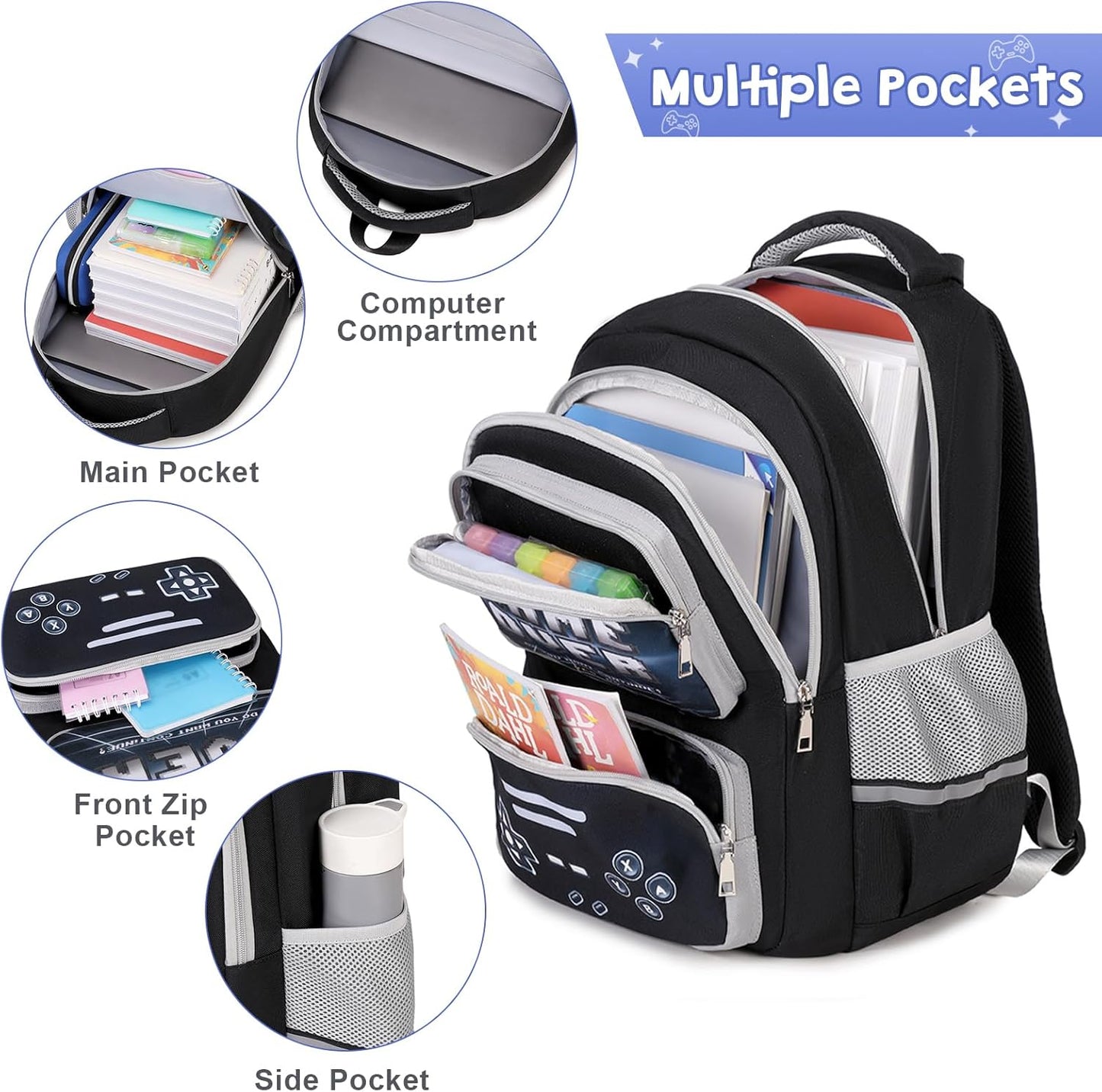Gamer Backpack for Boys - Cool Luminous School Bag with Lunch Bag Pencil Case - Kids Backpack Elementary Middle School Book Bags for Teen Boys with USB Charging Port (Black Grey)
