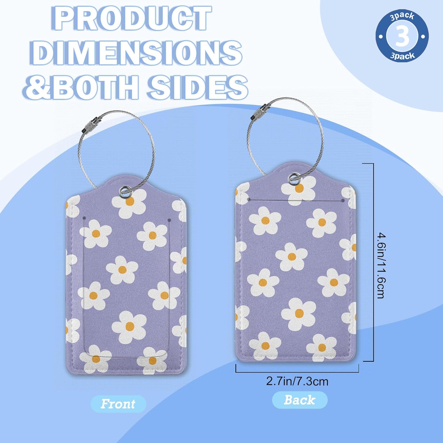 3 Pack Luggage Tags,Leather Suitcase Tags with Privacy Cover Name Address Labels& Durable Steel Loop for Men/Women Travel Bag Suitcases(Vintage Groovy Flowers)
