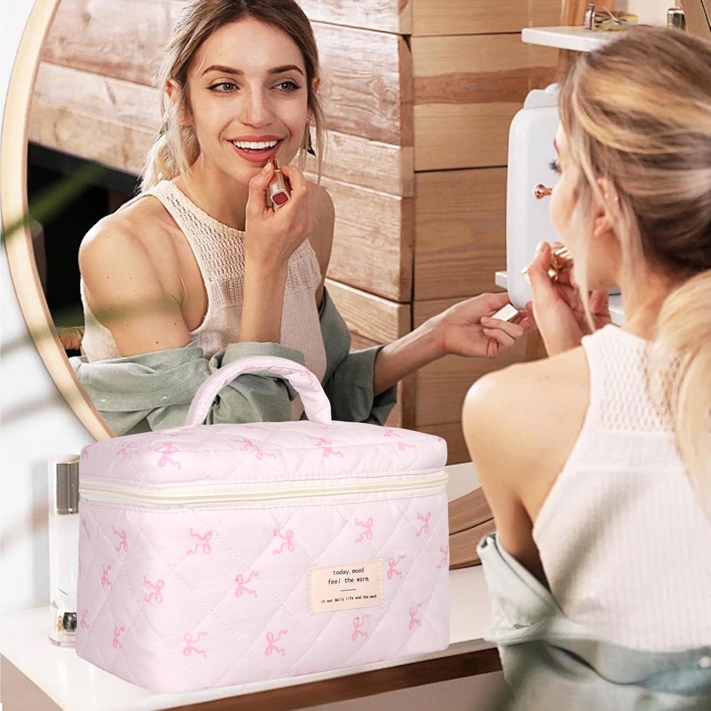 Quilted Makeup Bag, Large Makeup Bag, Cute Cosmetic Bag for Women Girls, Floral Coquette Aesthetic Travel Toiletry Make Up Organizer Bag-Light Pink
