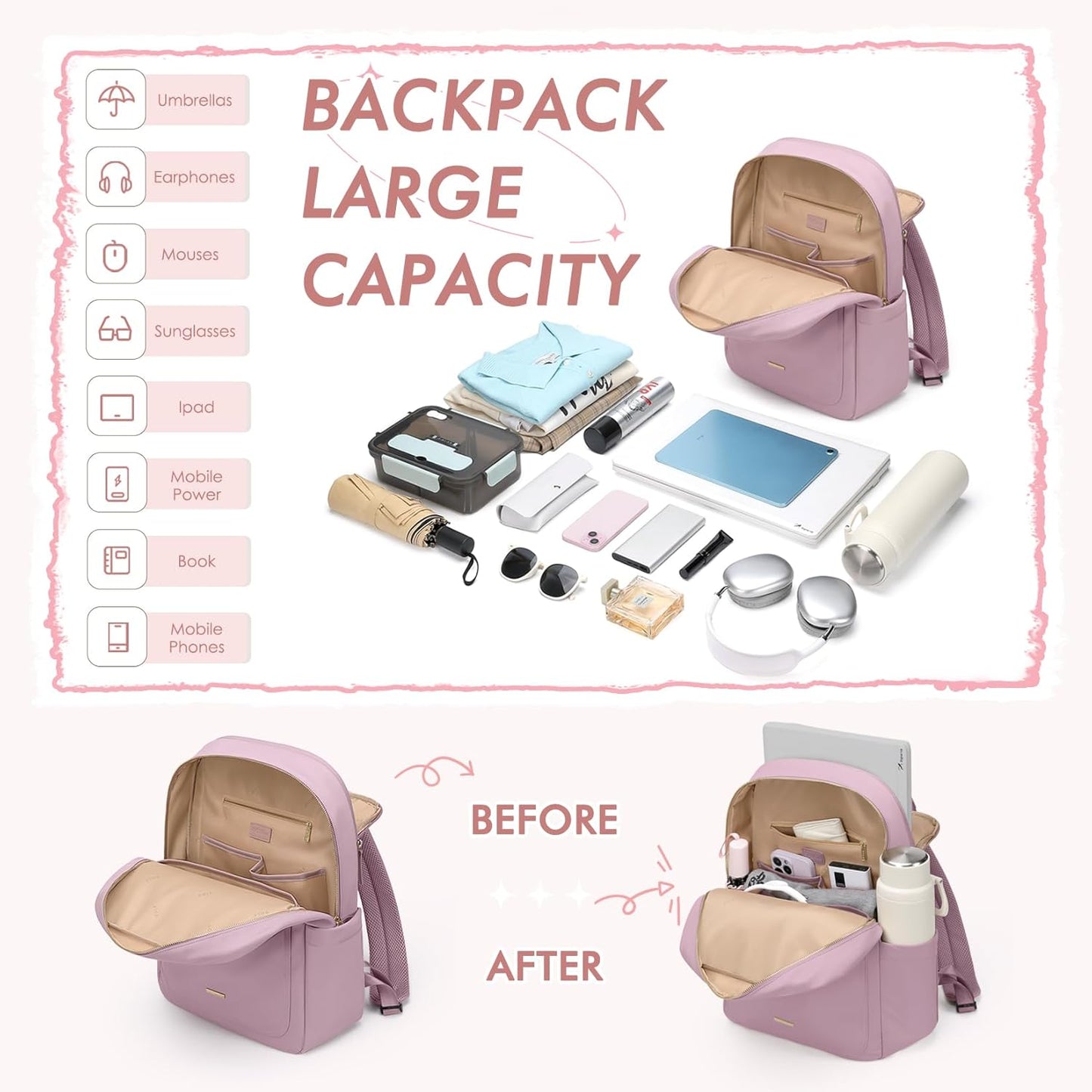 Laptop Backpack for Women,Casual Work Business Backpacks Purse Carry on Travel Backpack,14 Inch,Pinkish purple
