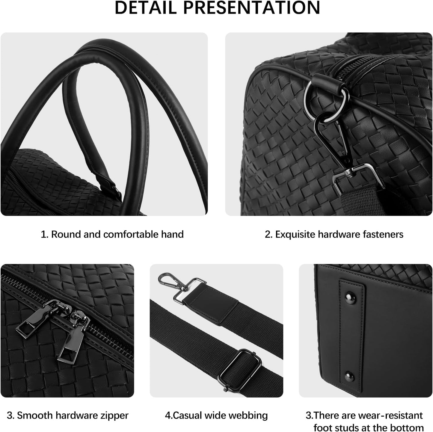 Weekender Bags for Women Woven Leather Travel Duffel Bag with Shoe Compartment, Carry On Garment Bag for Men Women, Large Capacity Water-resistant Gym Tote (Black)