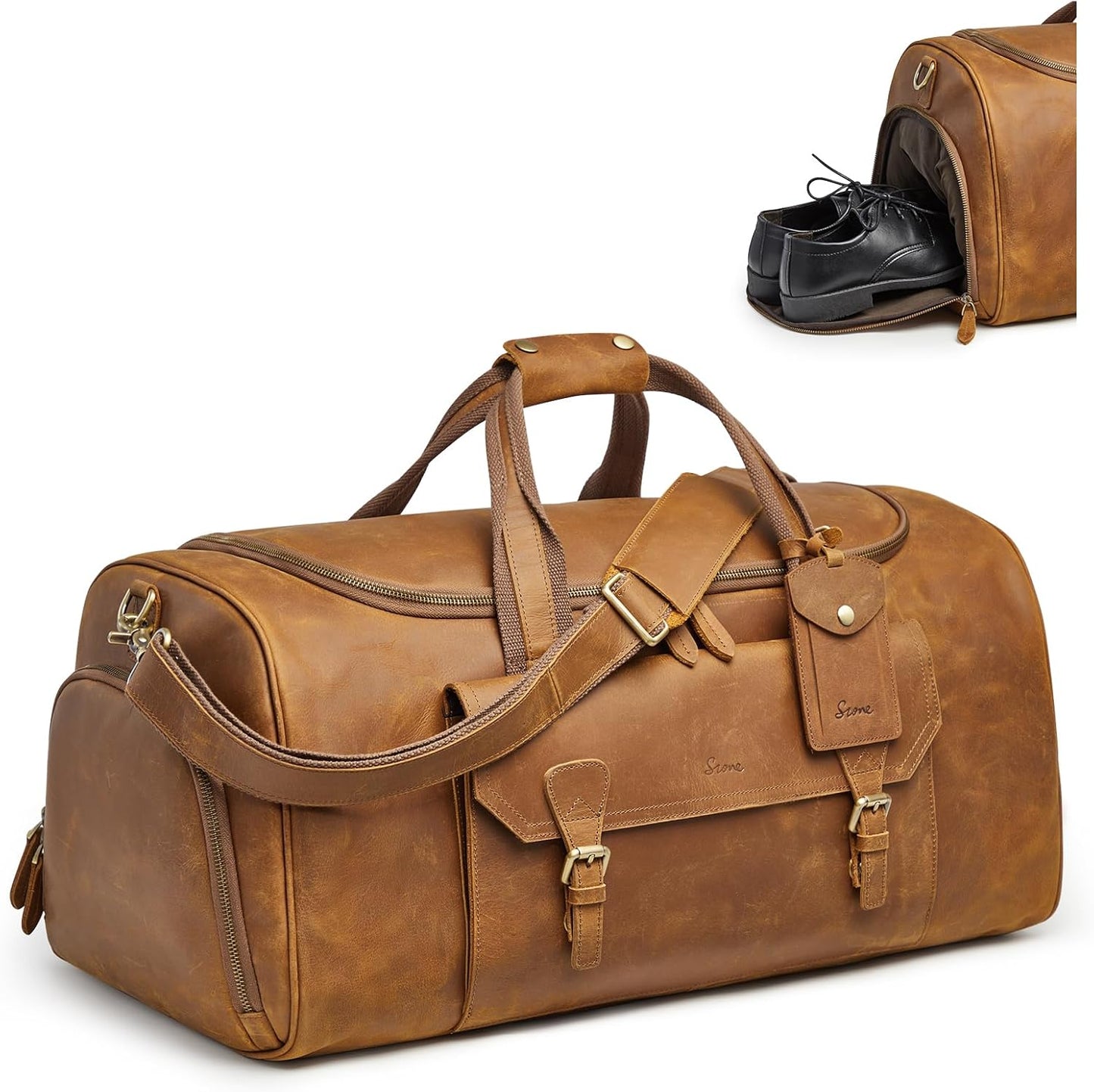 S-ZONE Genuine Leather Travel Duffle Bags for Men Women Carry On Garment Weekender Bags(Light Brown)