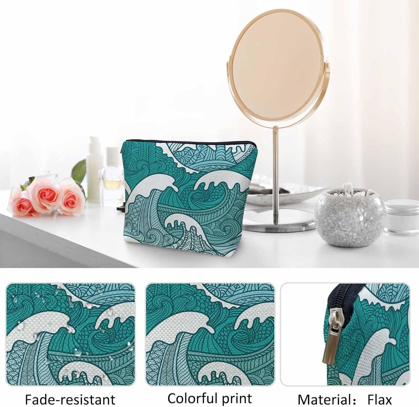 Women Makeup Organizer Bag Ocean Waves, Japanese Great Wave Ocean Sea Waves Flax Cosmetic Bag