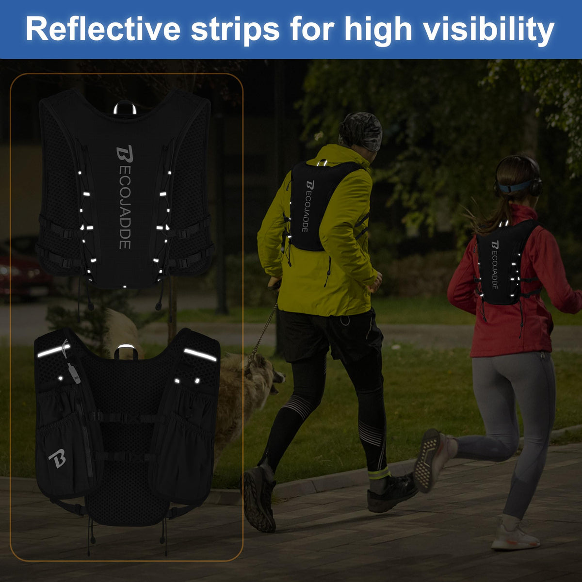 BECOJADDE Running Vest Hydration Backpack with Two 500ML Soft Water Bottles for Men Women, 5L