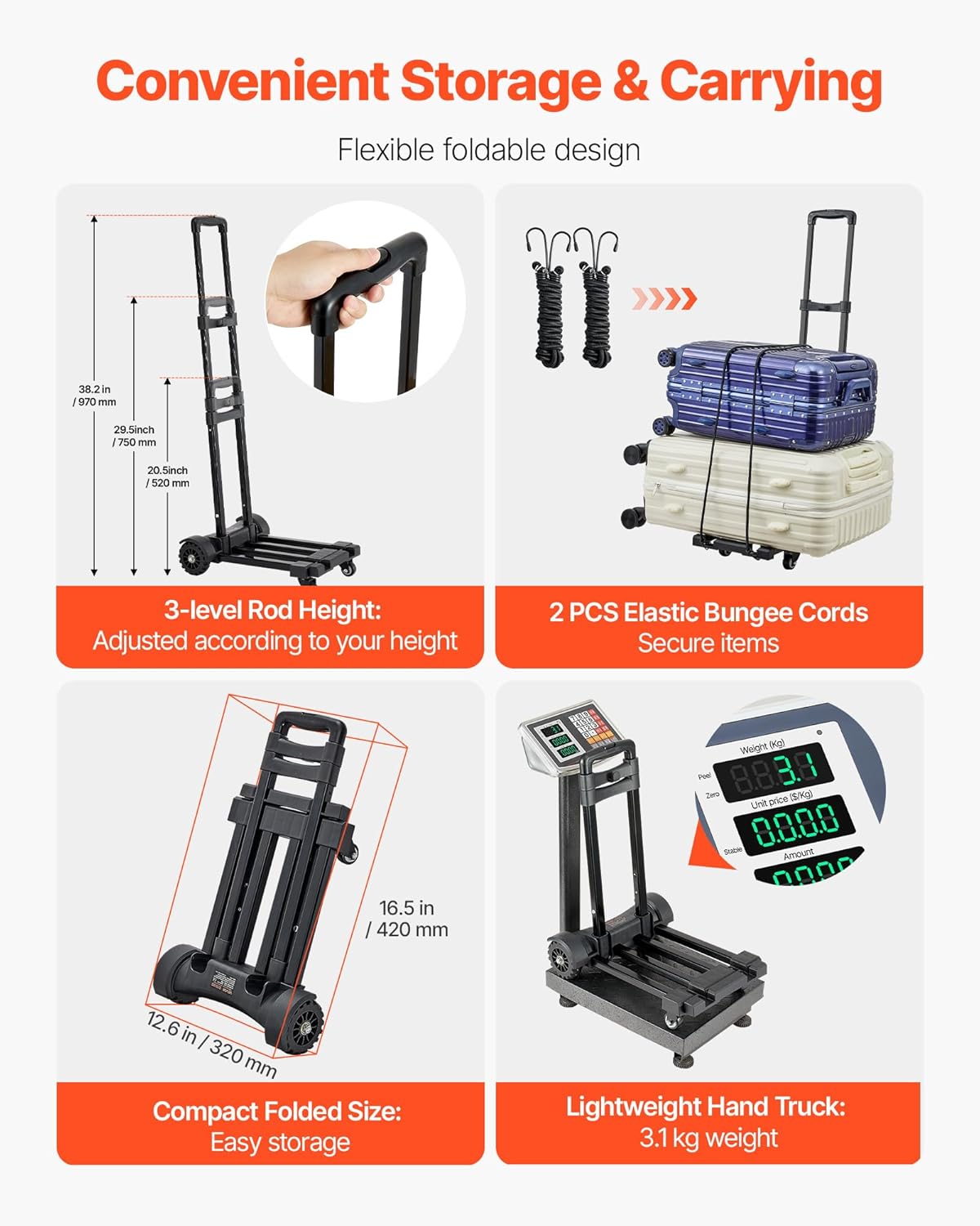 VEVOR Folding Hand Truck, 290 lbs Load Capacity, Collapsible Luggage Cart with 4 Wheels, 2 Elastic Ropes & Expandable Base, Utility Dolly Platform Cart for Airport Travel Luggage Office Moving, Black