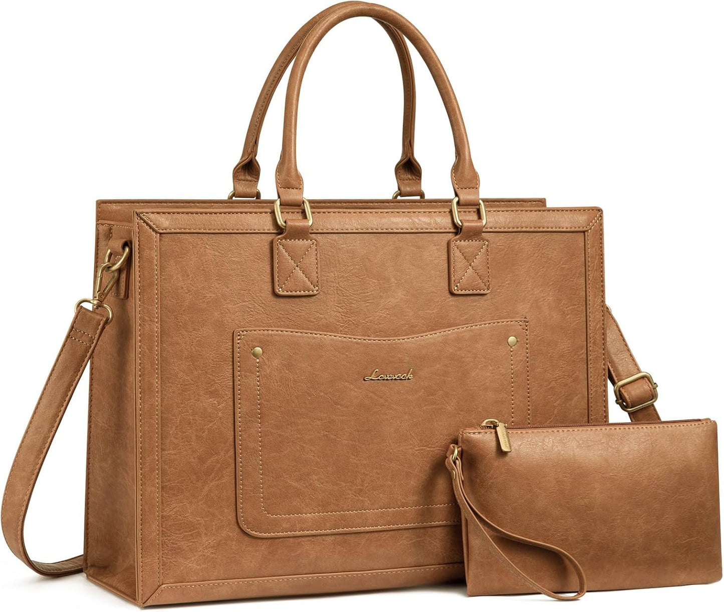 LOVEVOOK Laptop Tote Bag for Women, 15.6 Inch Work Bags, Vintage Leather Tote Bag, Waterproof