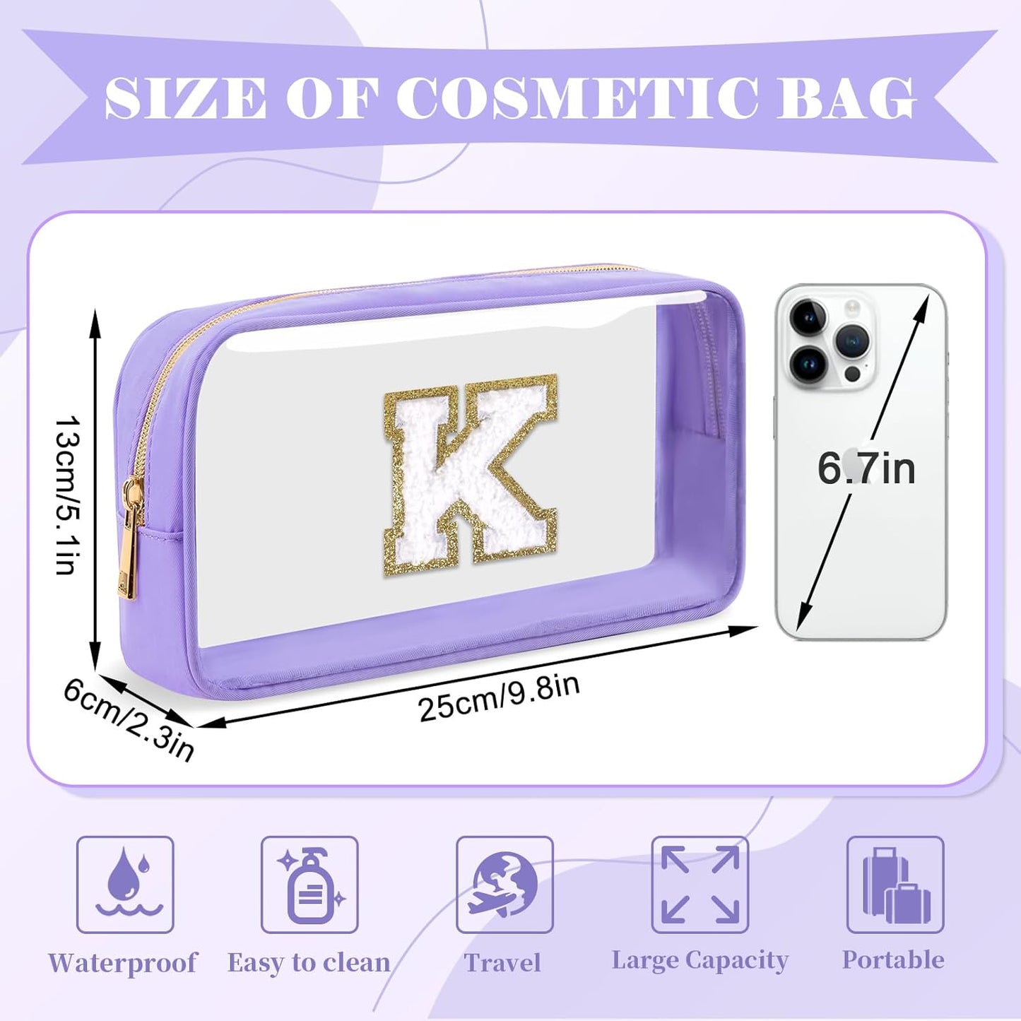 Personalized Initial Letter Clear Makeup Bag,Preppy Small Nylon&PVC Cosmetic Zipper Bag with Chenille Letter,Travel Skincare Toiletry Bag,Monogram Christmas Gift for Teen Girls Women,K