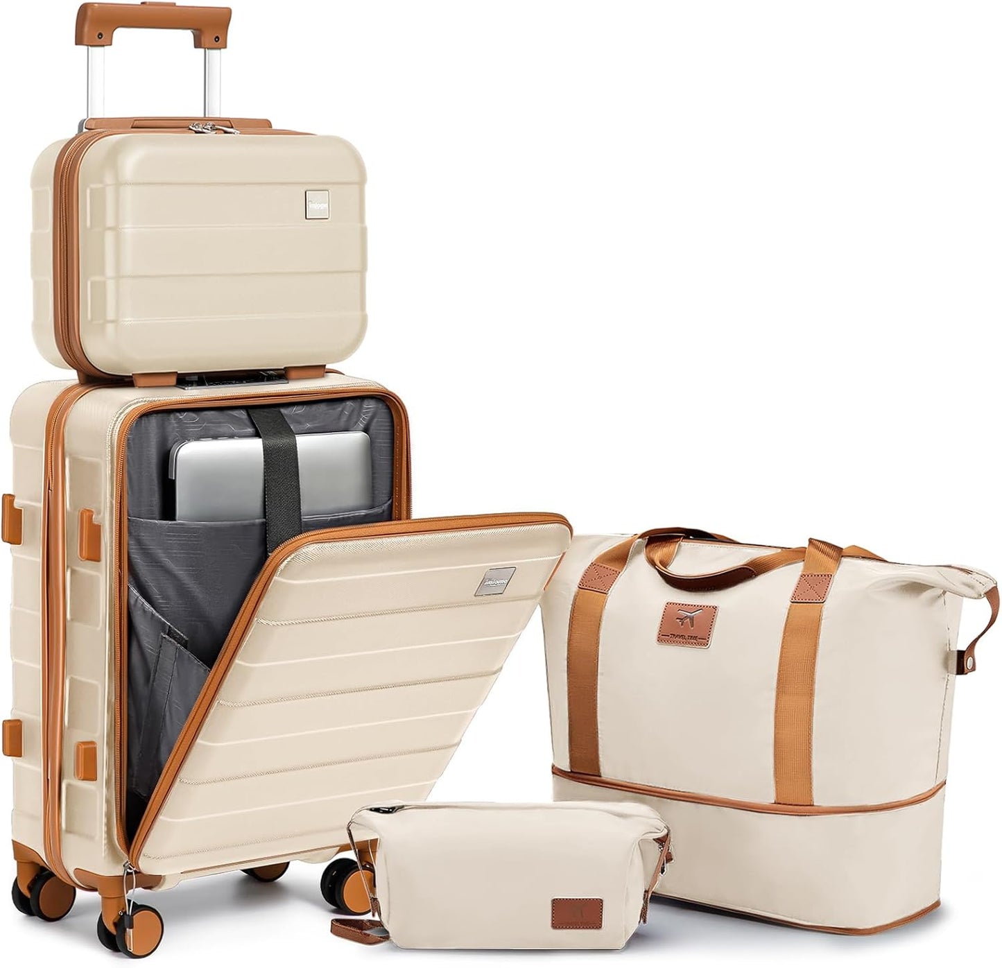 imiomo Carry on Luggage Airline Approved, Lightweight Hard Shell Carry-on Suitcase, 20 Inch Travel Luggage with Spinner Wheels and USB Port, White Brown