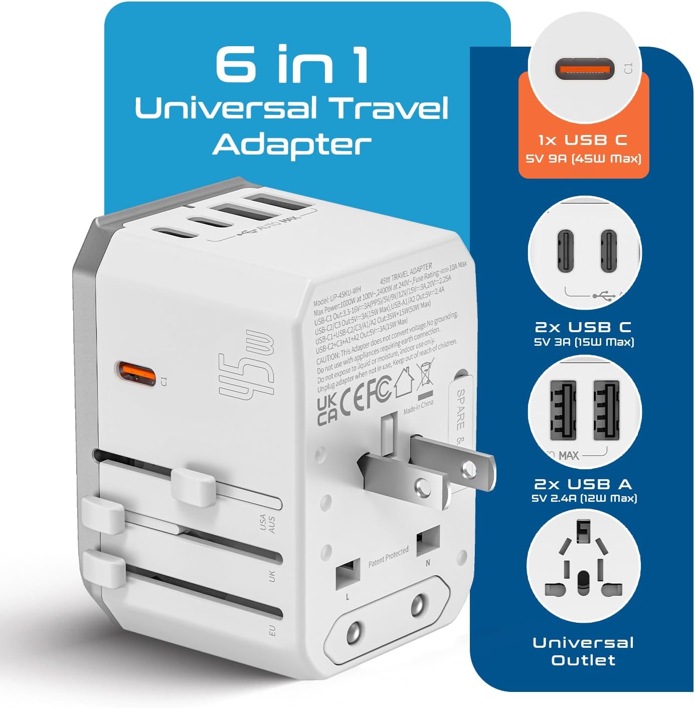 Ceptics 6-in-1 Universal Travel Adapter with 2X USB-A and 3X USB-C, 45W for Global Use, Compatible