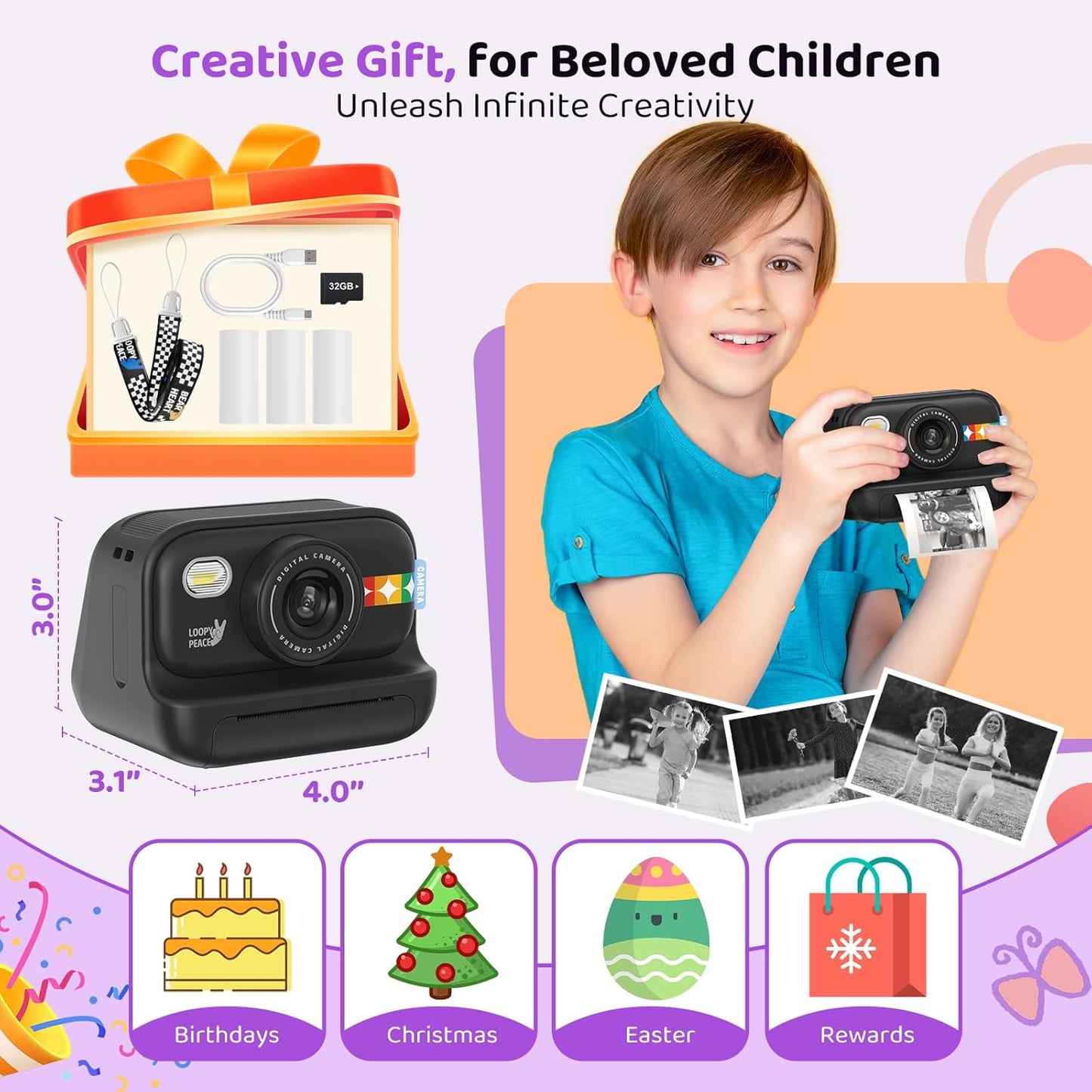Instant Print Camera for Kids, Birthday Gifts for Girls and Boys Ages 3-12 - 1080P Video Camera for Kids, Gift Ideas for Boys Ages 3 4 5 6 7 8 9 10 11 12 - Girls' Gifts for Christmas/Holidays (Black)