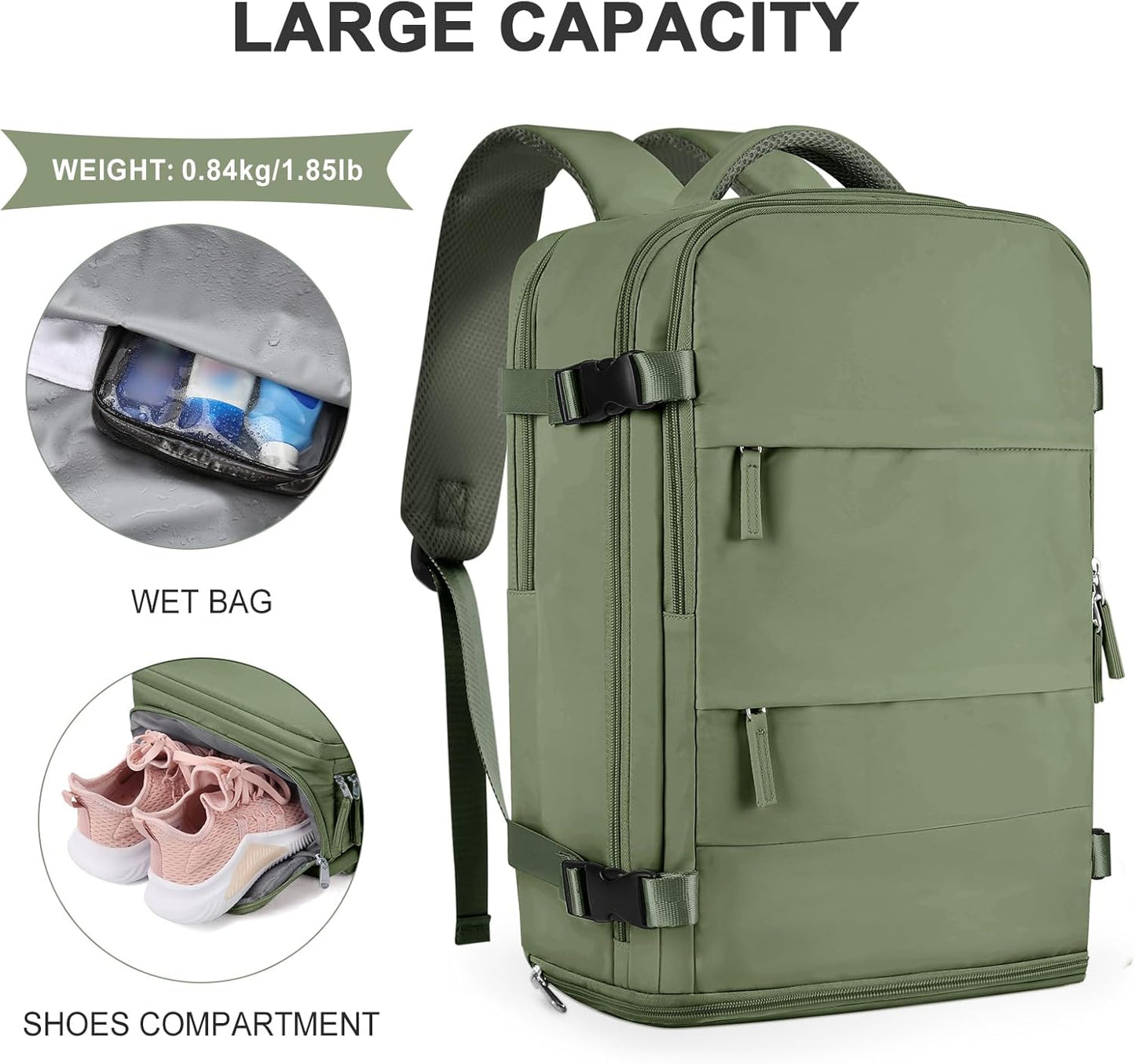 coowoz Large Travel Backpack For Women Men,Carry On Backpack Flight Approved,Hiking Backpacks Waterproof Outdoor Rucksack Casual Daypack Travel Bag Essentials Personal Item Backpack(Gray Green)