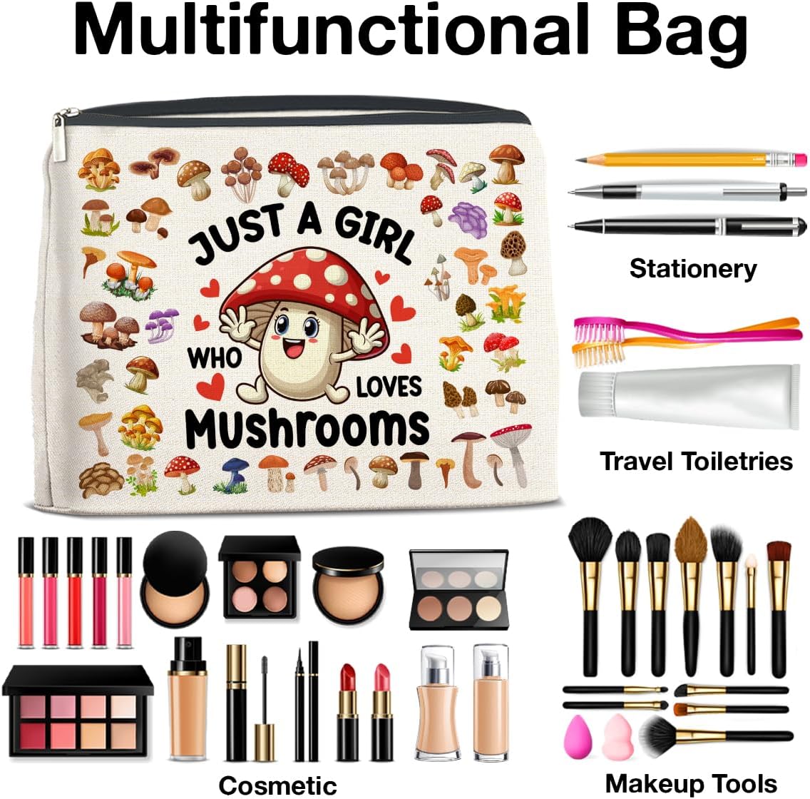 Mushroom Gifts Makeup Bag Mushroom Gifts for Women Teen Girls Sister Friend, Mushroom Lovers Gifts, Just a Girl Who Loves Mushrooms Zipper Makeup Pouch