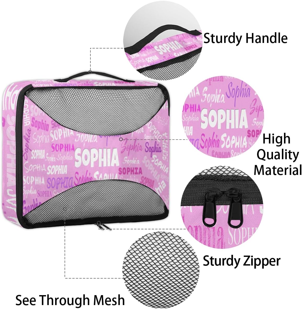 Custom Packing Cubes with Name - 4 Piece Pink Packing Cubes Compression Luggage Suitcase Organizer Set