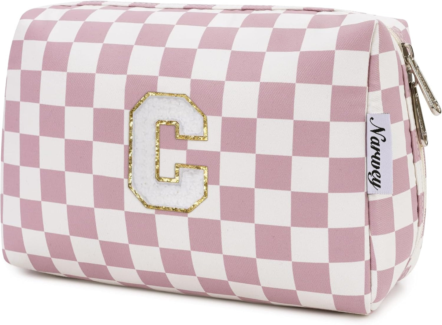 Narwey Birthday Gifts for Teen Girls Kids Women Personalized Initial Checkered Makeup Bag Pink Monogram Cosmetic Bag Trendy Stuff 6 8 10 11 12 13 14 16 18 Years Old Travel Toiletry Bag (Dusty Rose C)
