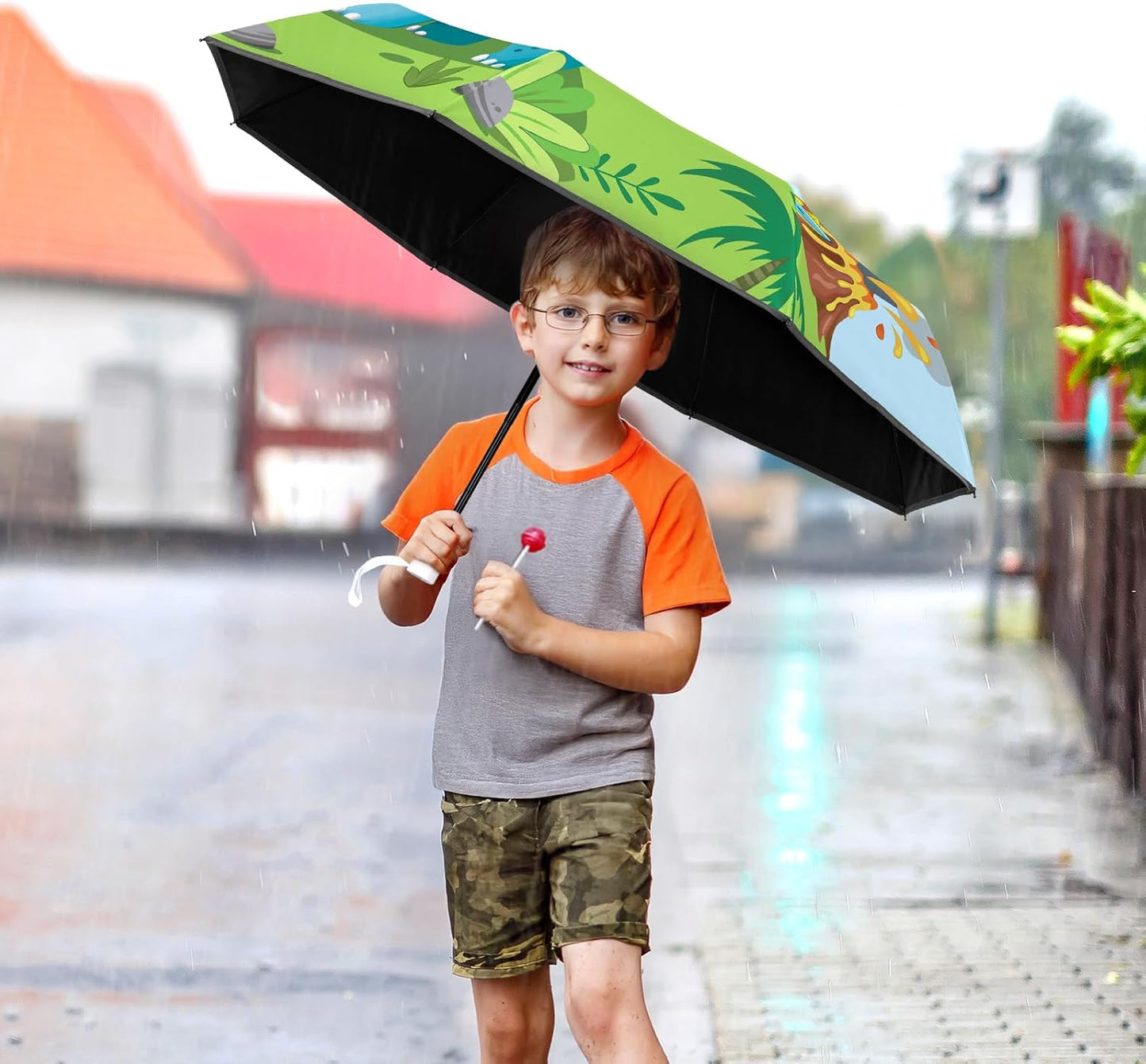 Kids Folding Umbrella Auto Open/Close Anti-rebound Safe Design UV Resistant Automatic Children Travel Umbrellas 8 Rib Reinforced Canopy 360° Reflective Strip Lightweight Cute Umbrella for Girls & Boys