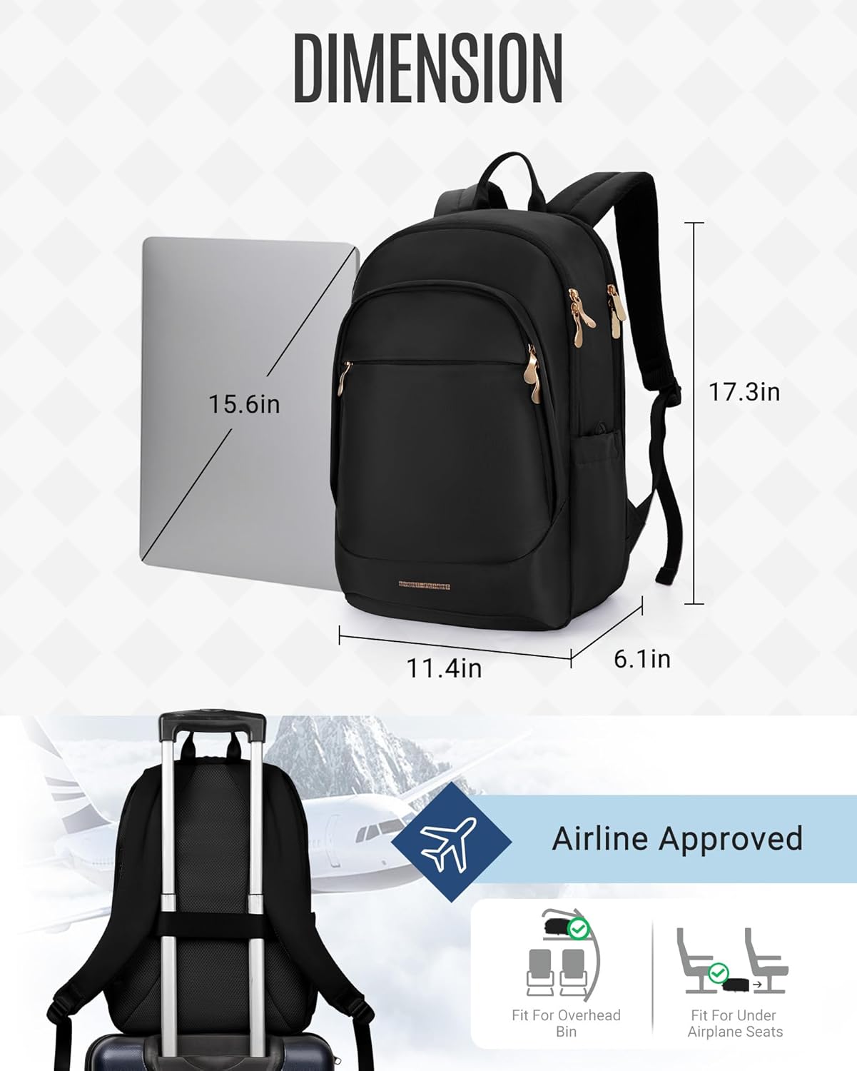 LIGHT FLIGHT Travel Laptop Backpack Women, 15.6 Inch Laptop Backpack with USB Charging Hole, Water Resistant College Bookbag, Black Computer Backpacks for Work, Grayish Pink…