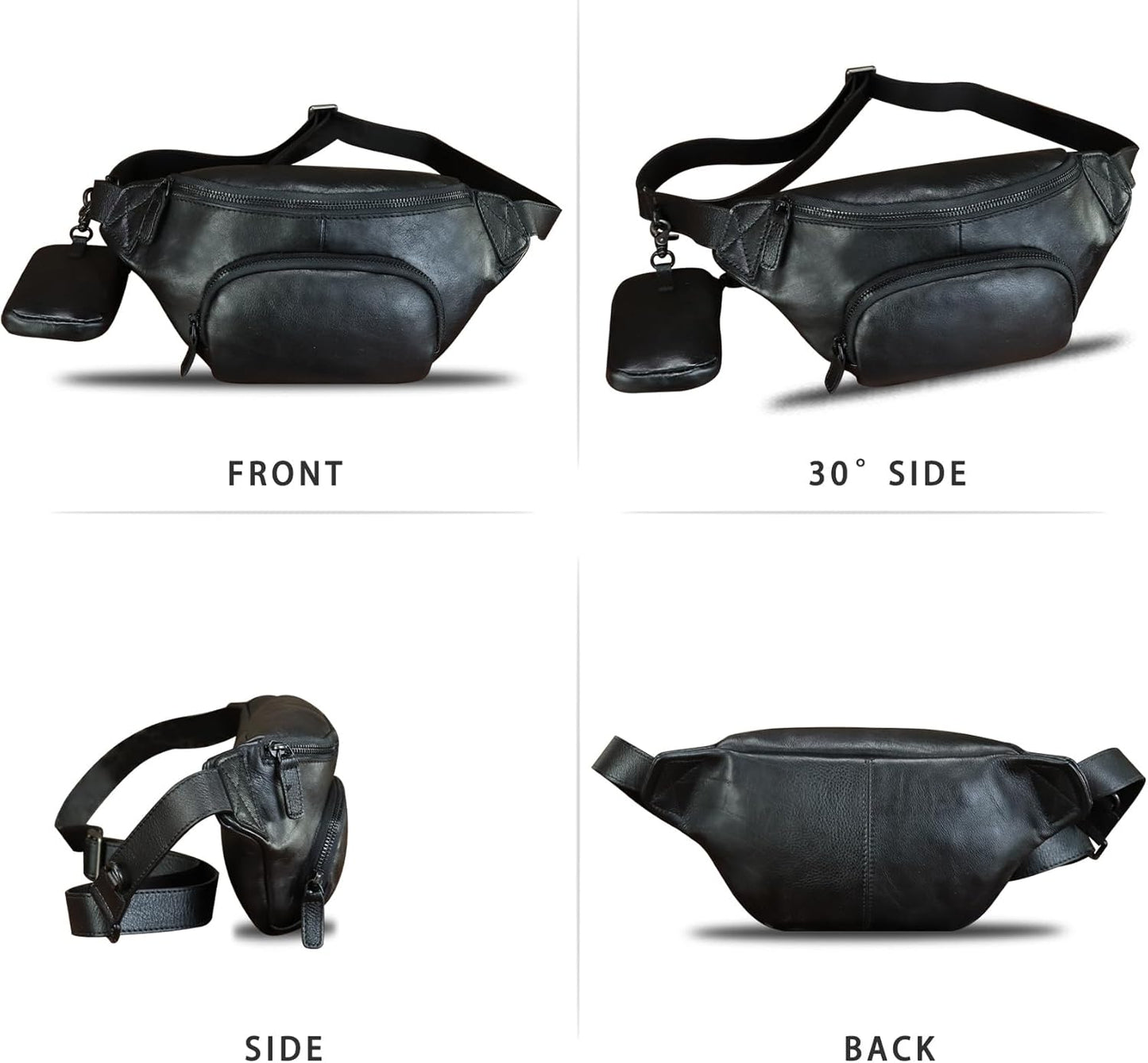 Genuine Leather Waist Bag Hip Bag Fanny Packs for Women and Men Real Leather Fanny Bag Sling Bag Crossbody Bags Chest Purses (Black)
