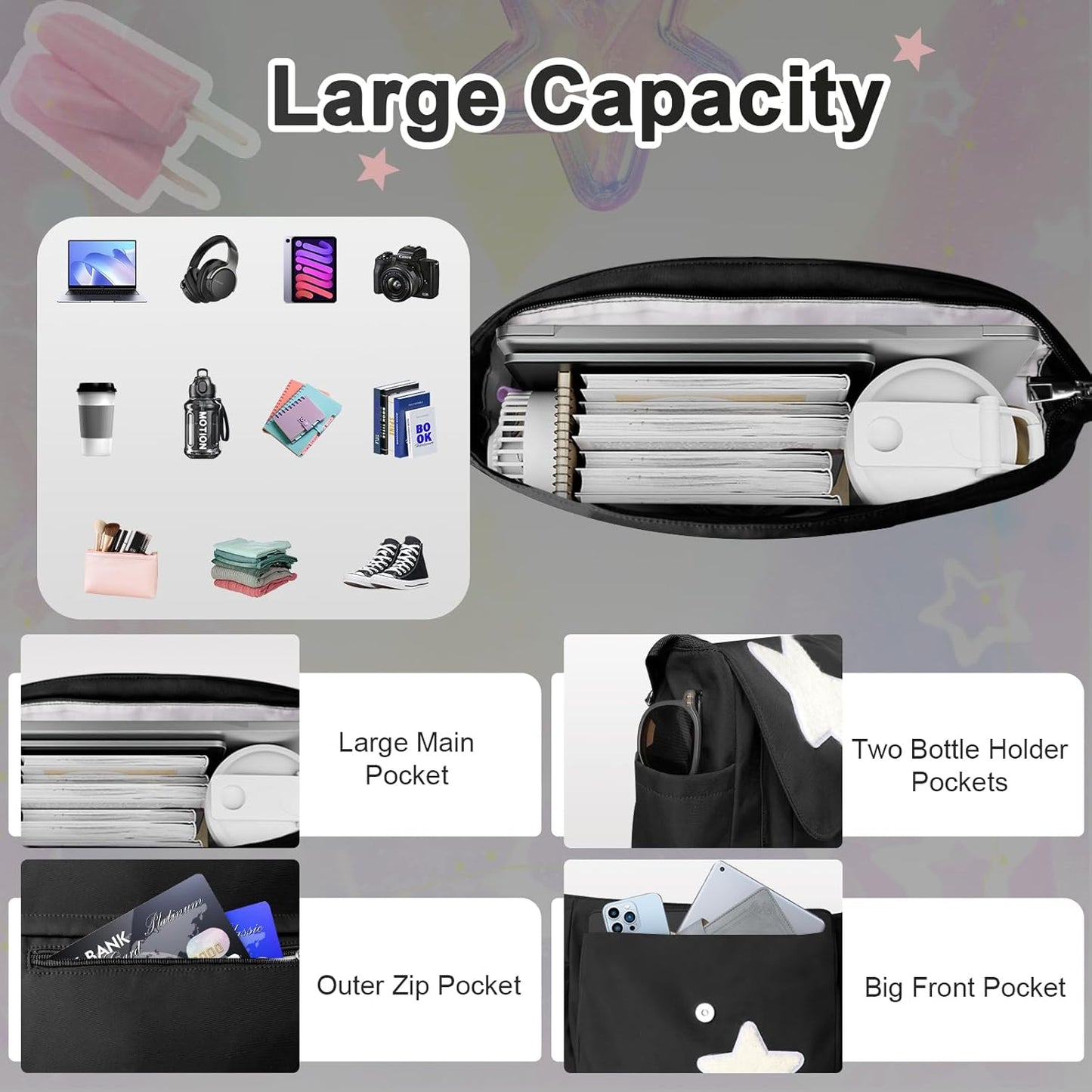 Y2K Messenger Bag for Women, Lightweight Spacious Stars Tote Purse with Cute Coin Purse, Crossbody Shoulder Bag