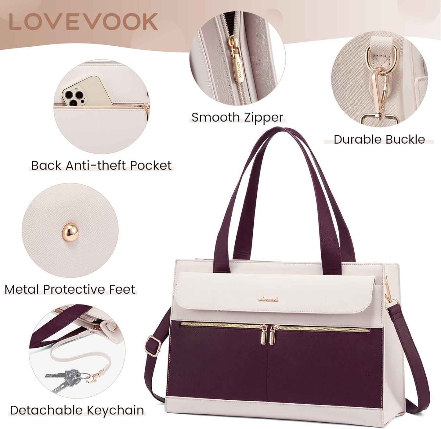 LOVEVOOK Laptop Bag Women 15.6 Inch Laptop Tote Professional Leather Computer Briefcase Waterproof