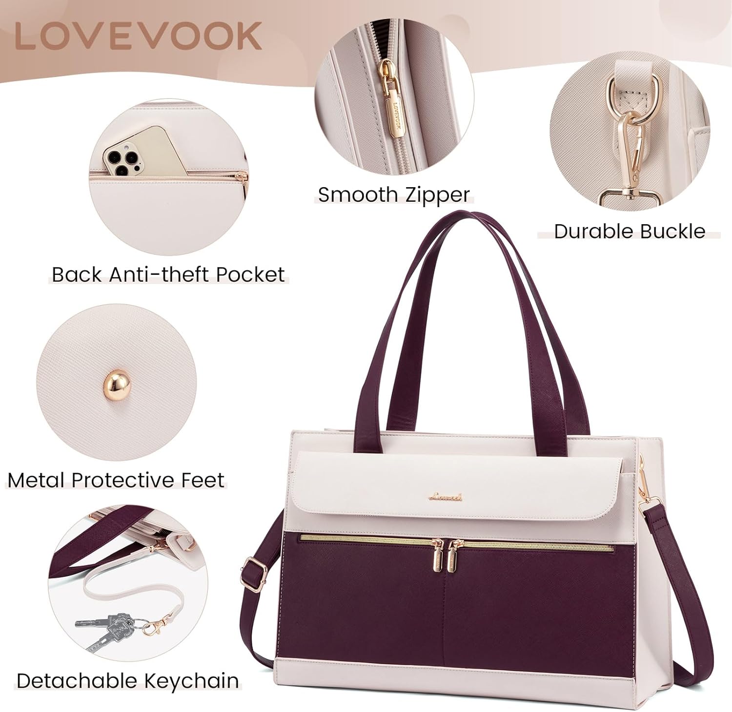 LOVEVOOK Laptop Bag Women 15.6 Inch Laptop Tote Professional Leather Computer Briefcase Waterproof