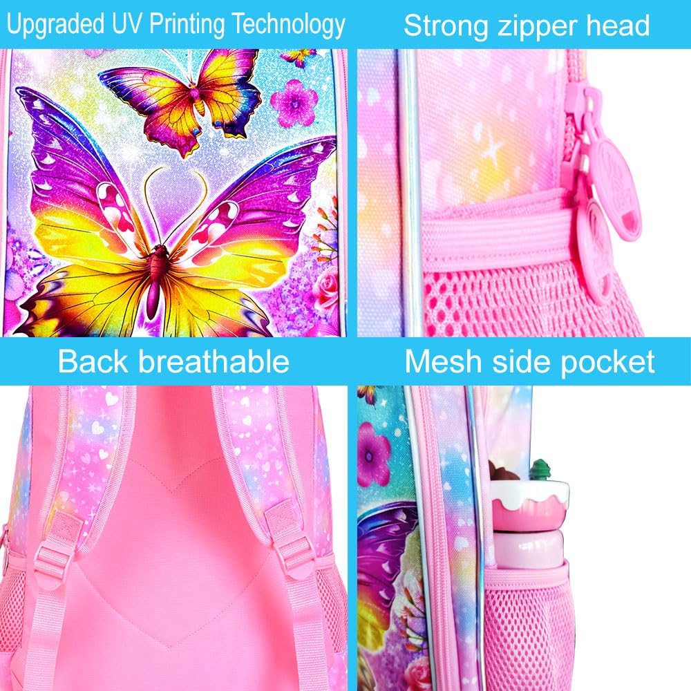 CCJPX 3PCS Kids Backpack for Girls, 16 Inch Butterfly Preschool School Backpacks with Lunch Box, Water Resistant Bookbag for Elementary Toddler Travel