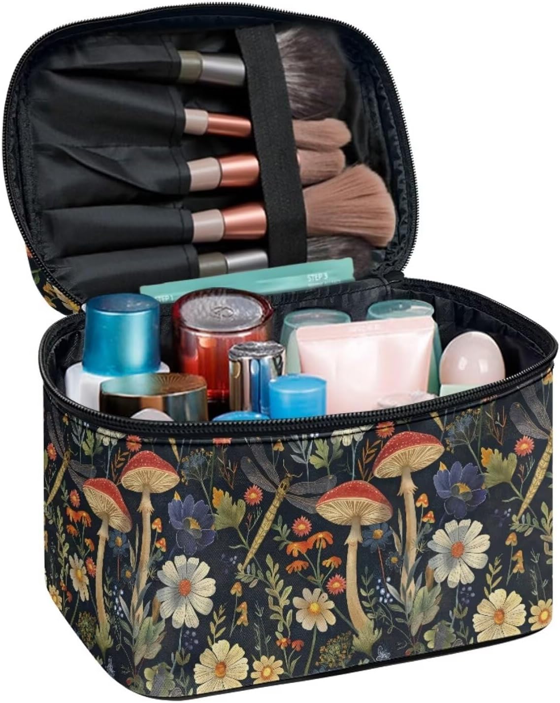JoyLamoria Portable Makeup Case Retro Mushroom Printed Cosmetics Tote Pouch Zipper Closure
