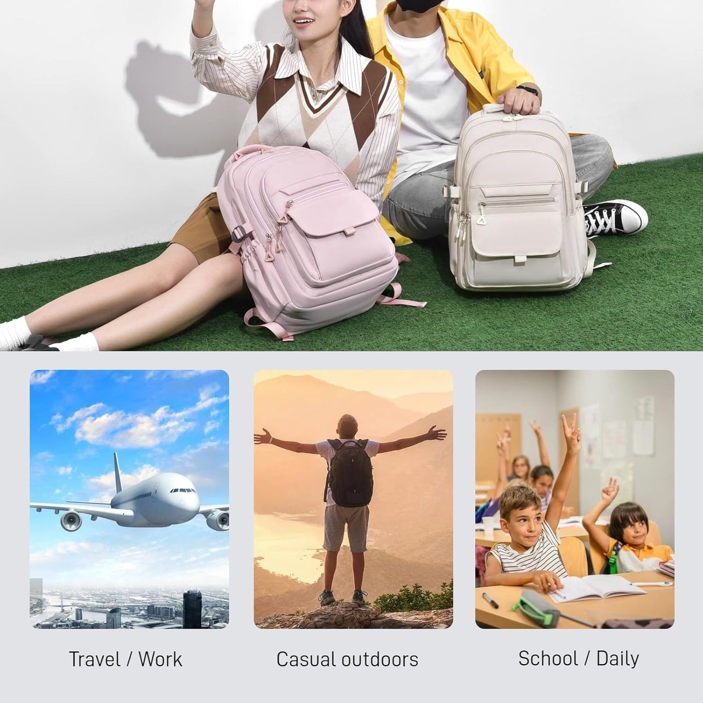 Backpack for Girls, Solid-Color School Backpack for Boys Kids, Aesthetic Girls Bookbag for Elementary School Travel Daypack,Beige