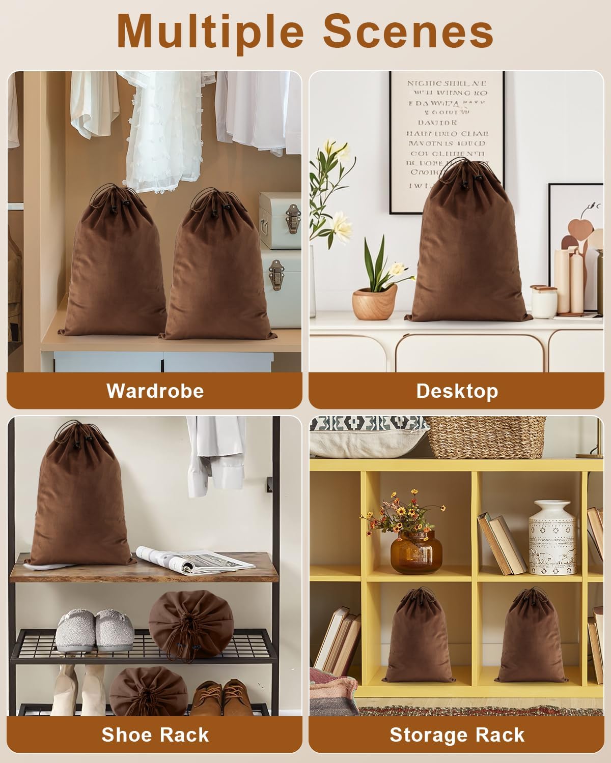 FantasyLife Shoe Bags for Travel, 4 PCS Washable Dust Bags for Storage & Packing, Flannel Shoe Pouch with Drawstring Closure for Purses, Handbags, Shoes & Toys (Mocha Mousse)
