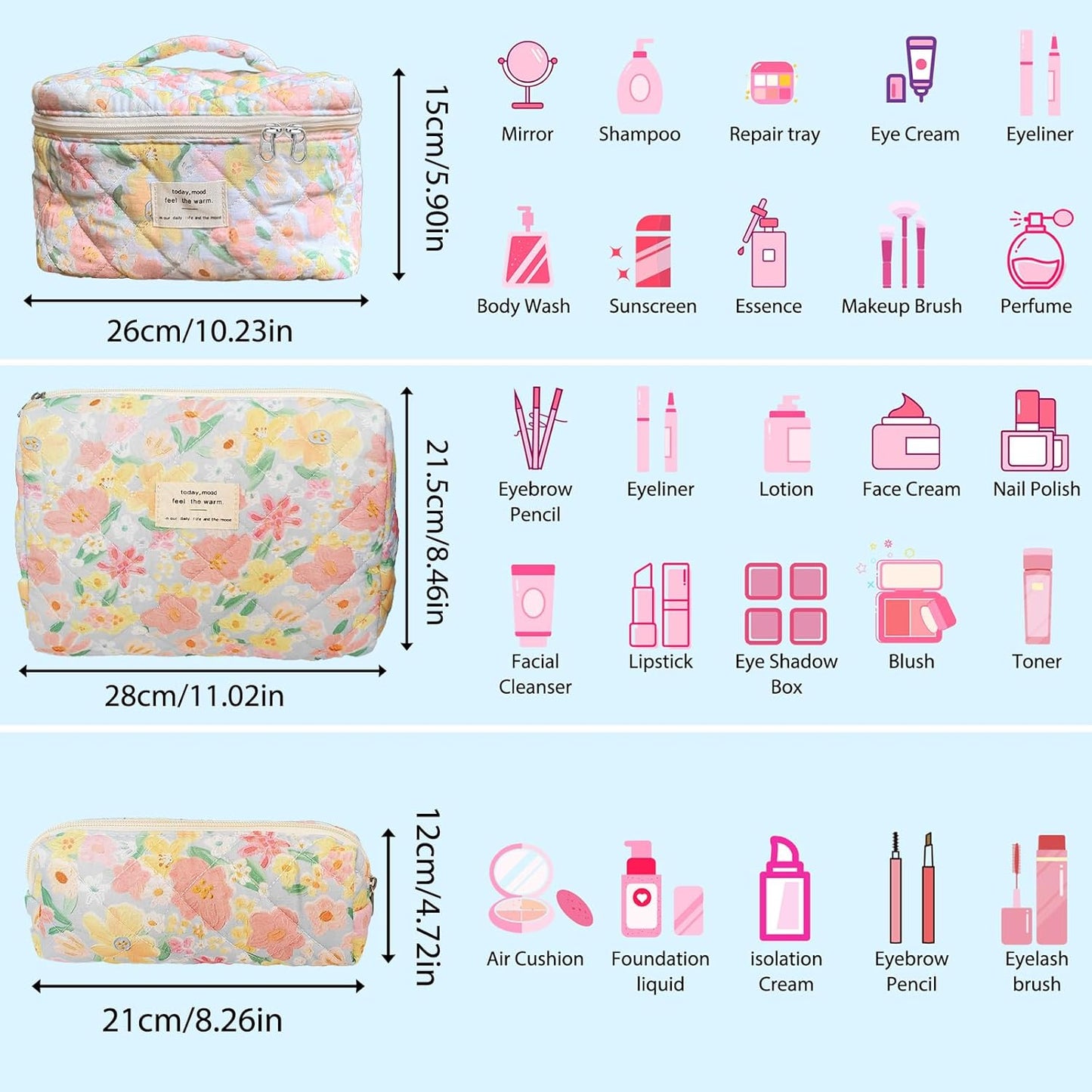 Quilted Makeup Bag, Large Capacity Travel Cosmetic Bag for Women and Girls, Aesthetic Storage for Daily and Travel Use (3pcs-floweroilpainting Print)