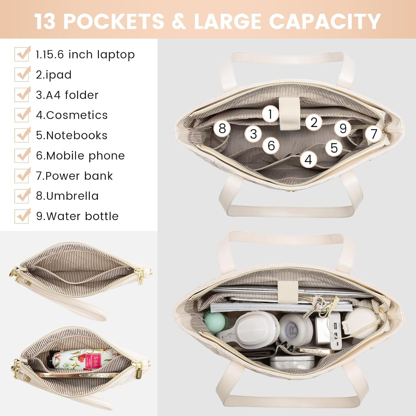 LOVEVOOK Laptop Bag for Women 17 inch,Diamond Quilted Work Tote Bags Womens Laptop Tote Bag Computer Shoulder Bags,Stylish Travel Tote Bags Laptop Purse Briefcase Handbag with Clutch Purse,Off-white