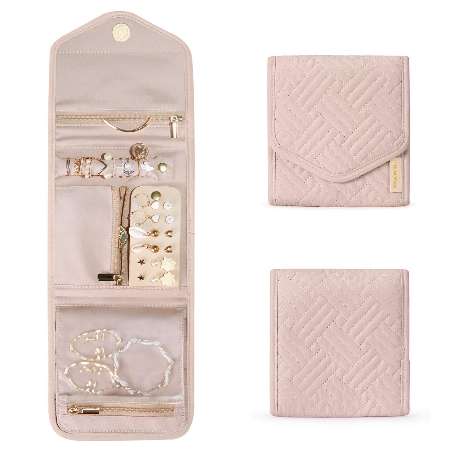 BAGSMART Travel Jewelry Organizer Case Foldable Jewelry Roll,Soft Pink