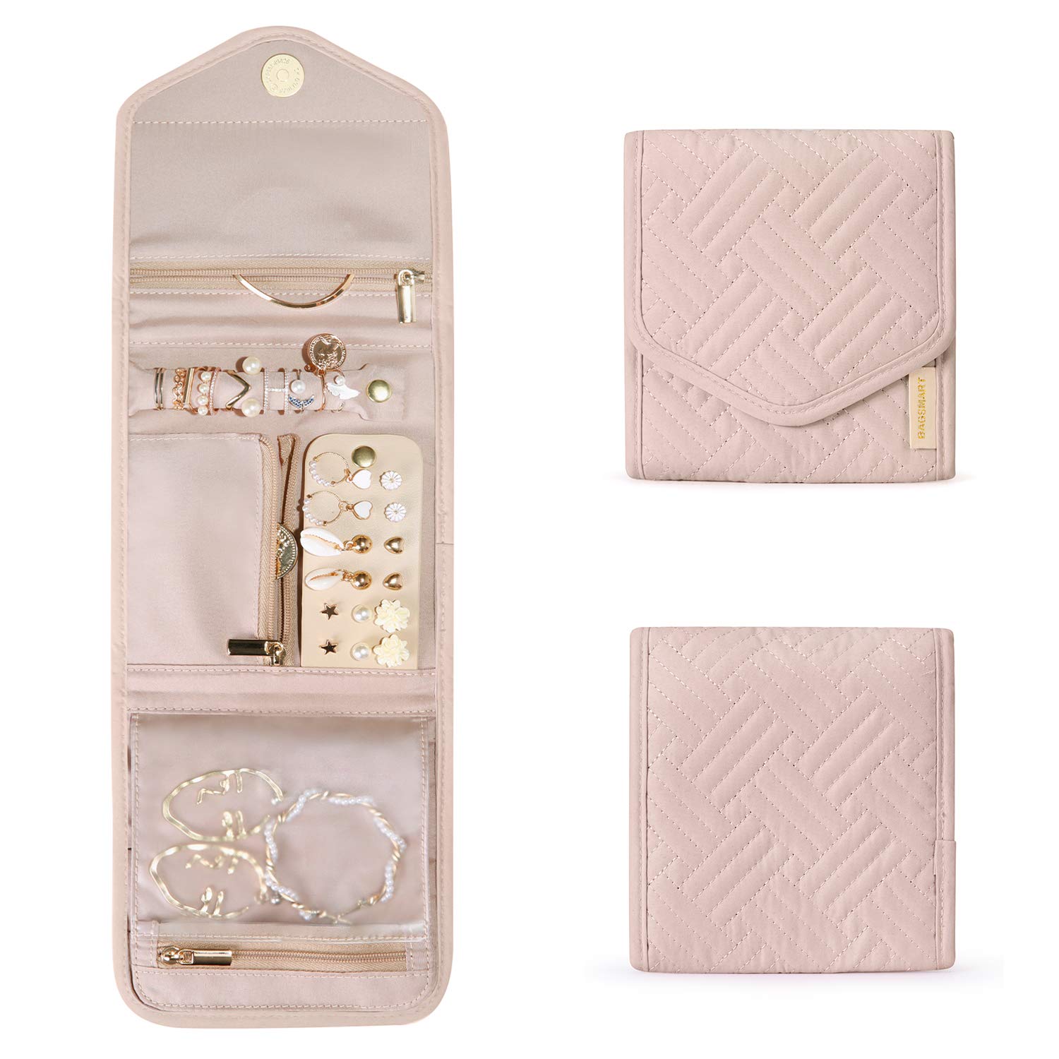 BAGSMART Travel Jewelry Organizer Case Foldable Jewelry Roll,Soft Pink