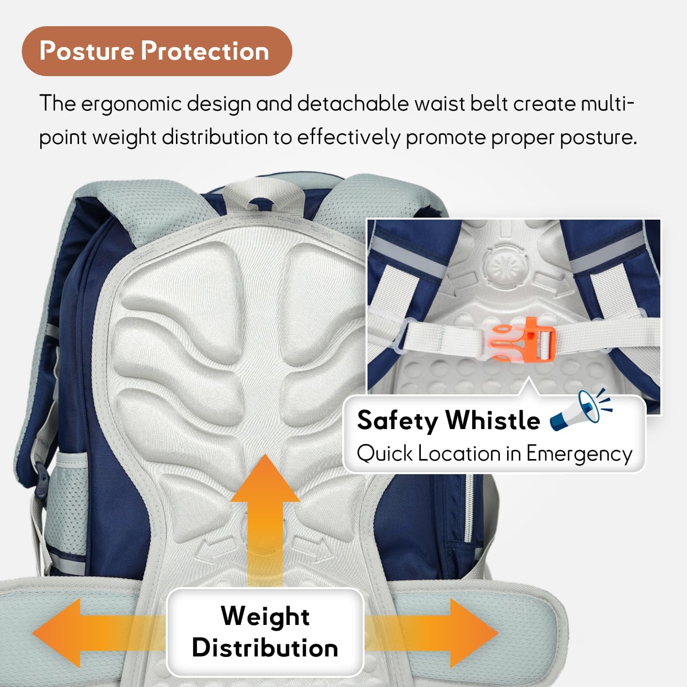 Kids Backpack for Kids, Lightweight Waterproof Blue White Backpack for School, Kindergarten Elementary School Students Boys & Girls Backpack with Safety Whistle and Includes a Detachable Waist Belt