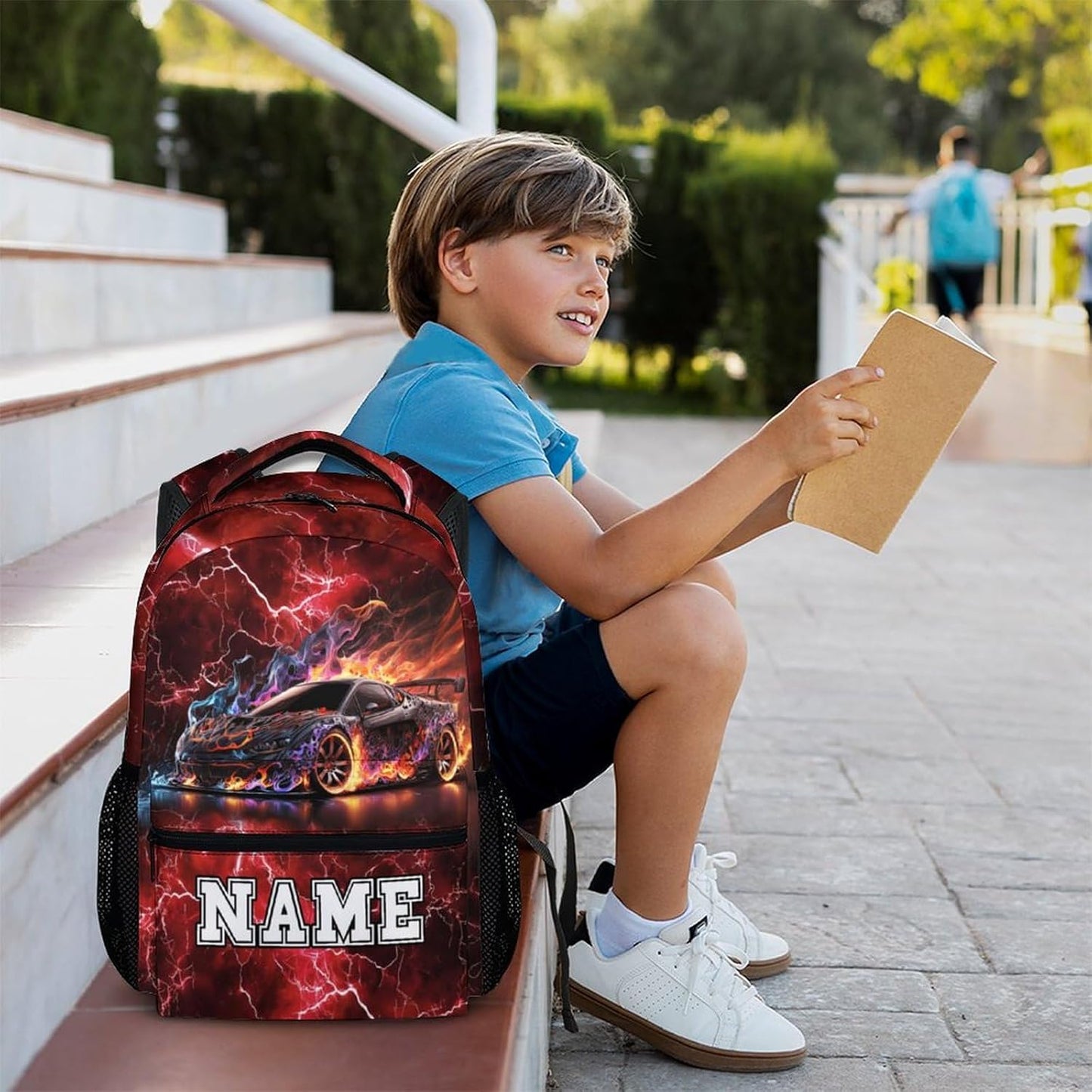Kids Bookbag for Boys, Custom Race Car Backpacks, Colorful 17 Inch Casual Backpack, Durable Schoolbag for Middle School Travel Camping Vacation Hiking
