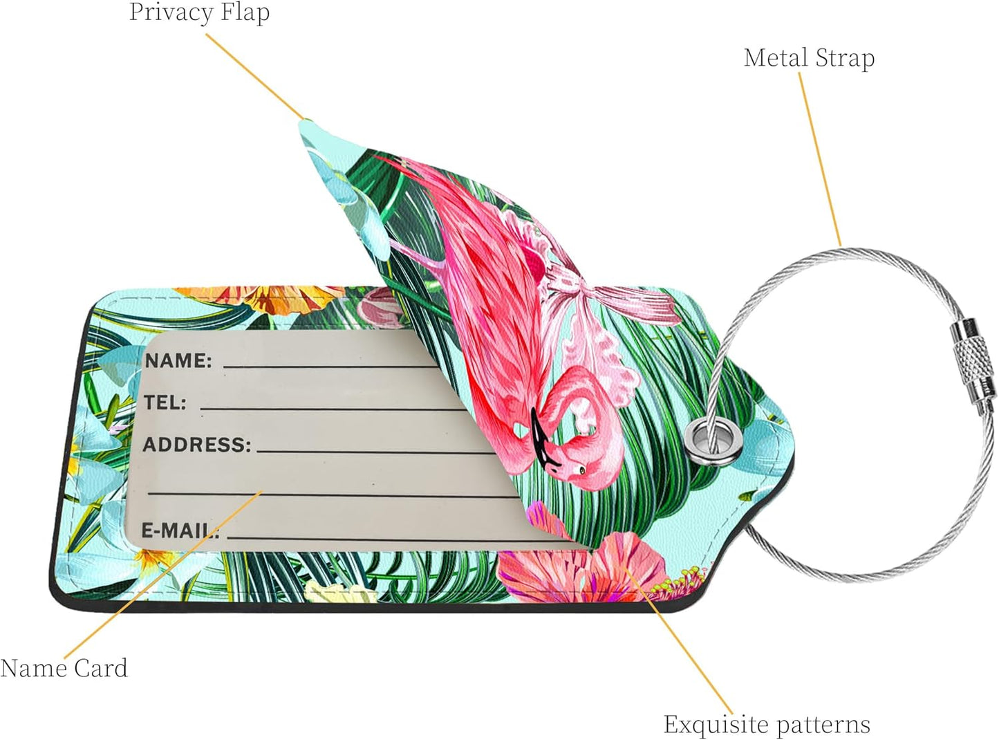 2 Pcs Luggage Tags for Suitcase, Cute Unique PU Leather Travel Bag Tag with Privacy Cover ID Label Address Card and Durable Metal Ring Suitable for Men Women Children Backpack,Flamingos