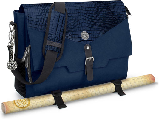ENHANCE Collector's Edition RPG Player's Essentials DND Bag - Dragon Hide Exterior Messenger Bag Fits 2-4 Books, Binders, Dice & Accessories, with 17 inch Laptop Slot, Battlemap Straps (Dragon Blue)