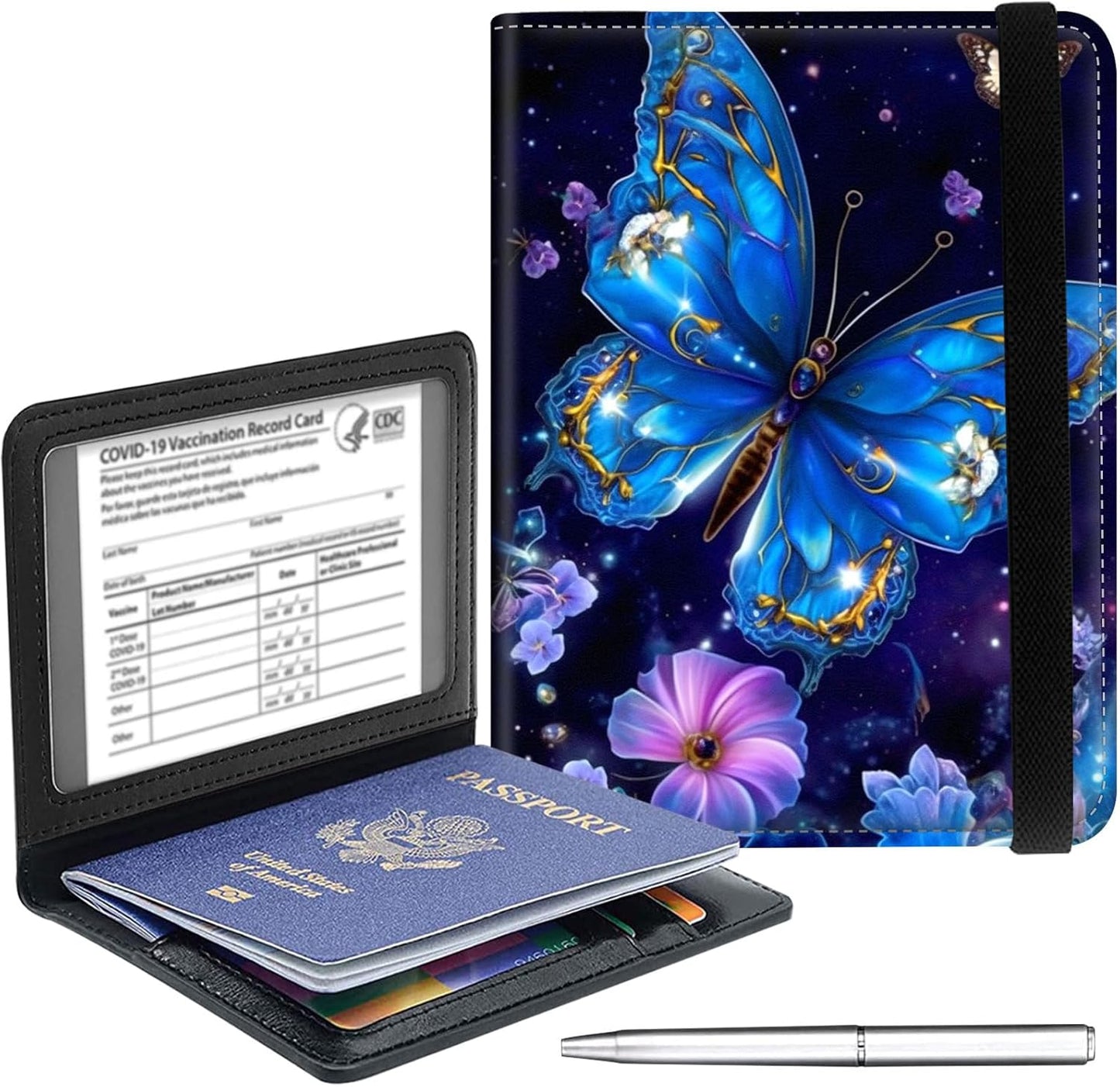 Passport Holder Cover Wallet Travel Essentials RFID Blocking Case Leather Passport Cover Wallet Vaccine Card Slot Organizer for Men Women, Blue Butterfly