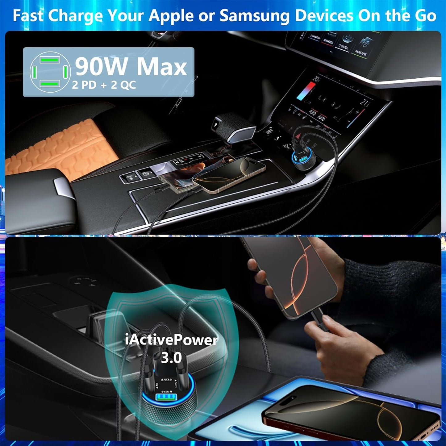 USB C Car Charger, KYOHAYA 2Pack 90W 4-Port Dual USB-C & USB-A Car Power Cigarette Lighter PD/QC3.0 Type C Car Carplay Charger Fast Charging for iPhone 17 17 Pro 16 15 14 13 12 11/Galaxy S25 S24/Pixel