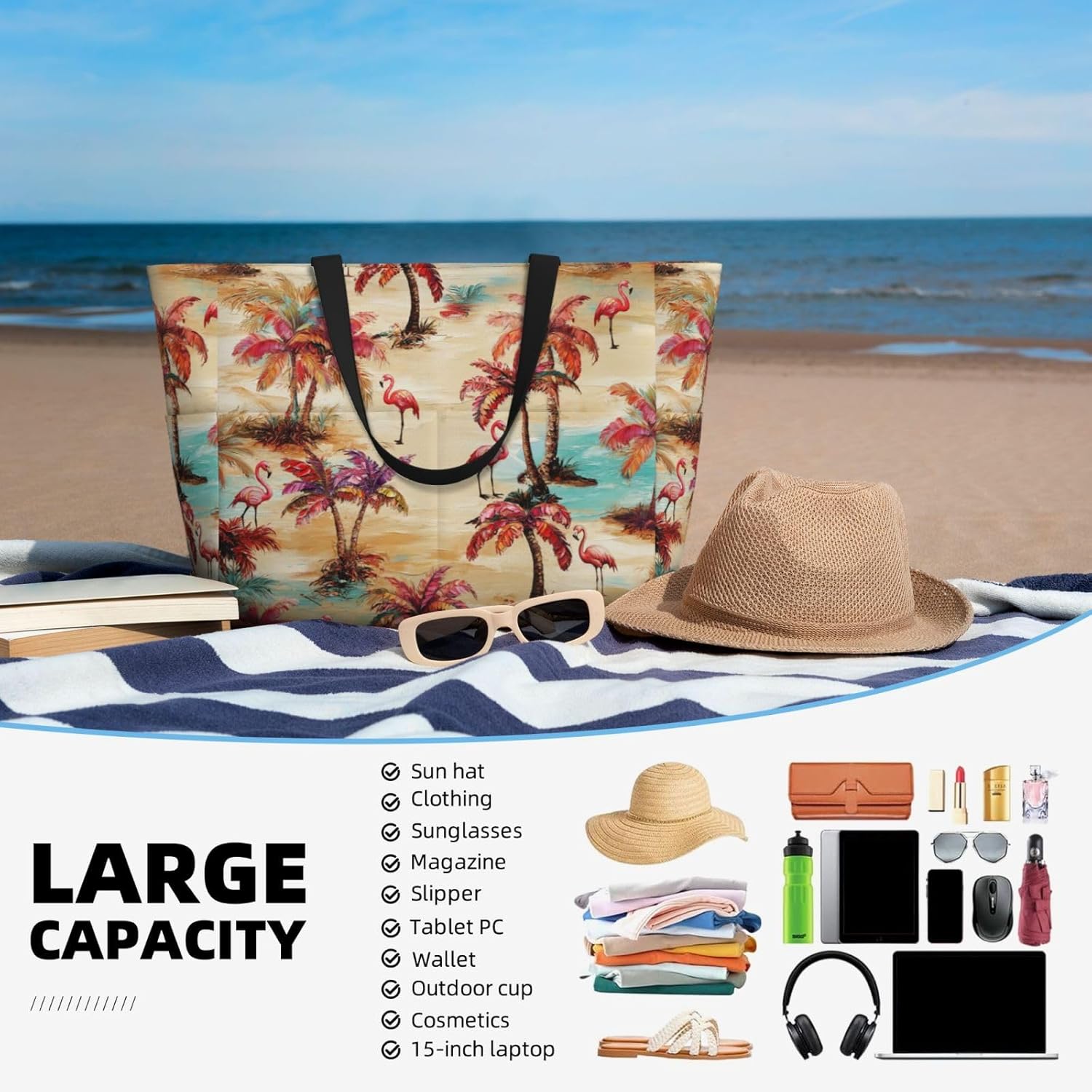 Beach Bag for Women Beach Tote Bag Waterproof Sandproof Large Bags with Zipper Big Capacity for
