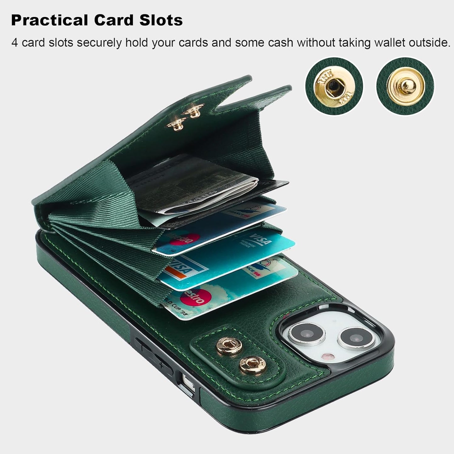 Folosu Compatible with iPhone 14 Case Wallet with Card Holder, 360°Rotation Finger Ring Holder Kickstand, RFID Blocking Leather Protective Double Buttons Shockproof Cover 6.1 Inch Dark Green