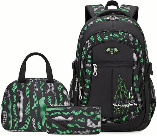3Pcs Camo-Print Primary School Backpack and Lunch-Bag Set for Boys Camouflage Elementary Bookbag Rucksack Waterproof
