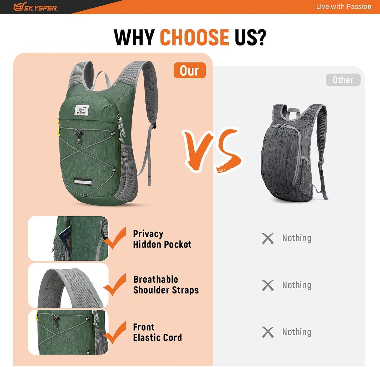 SKYSPER Foldable Hiking Backpack - 10L Small Lightweight Daypack Breathable Travel Backpacks for