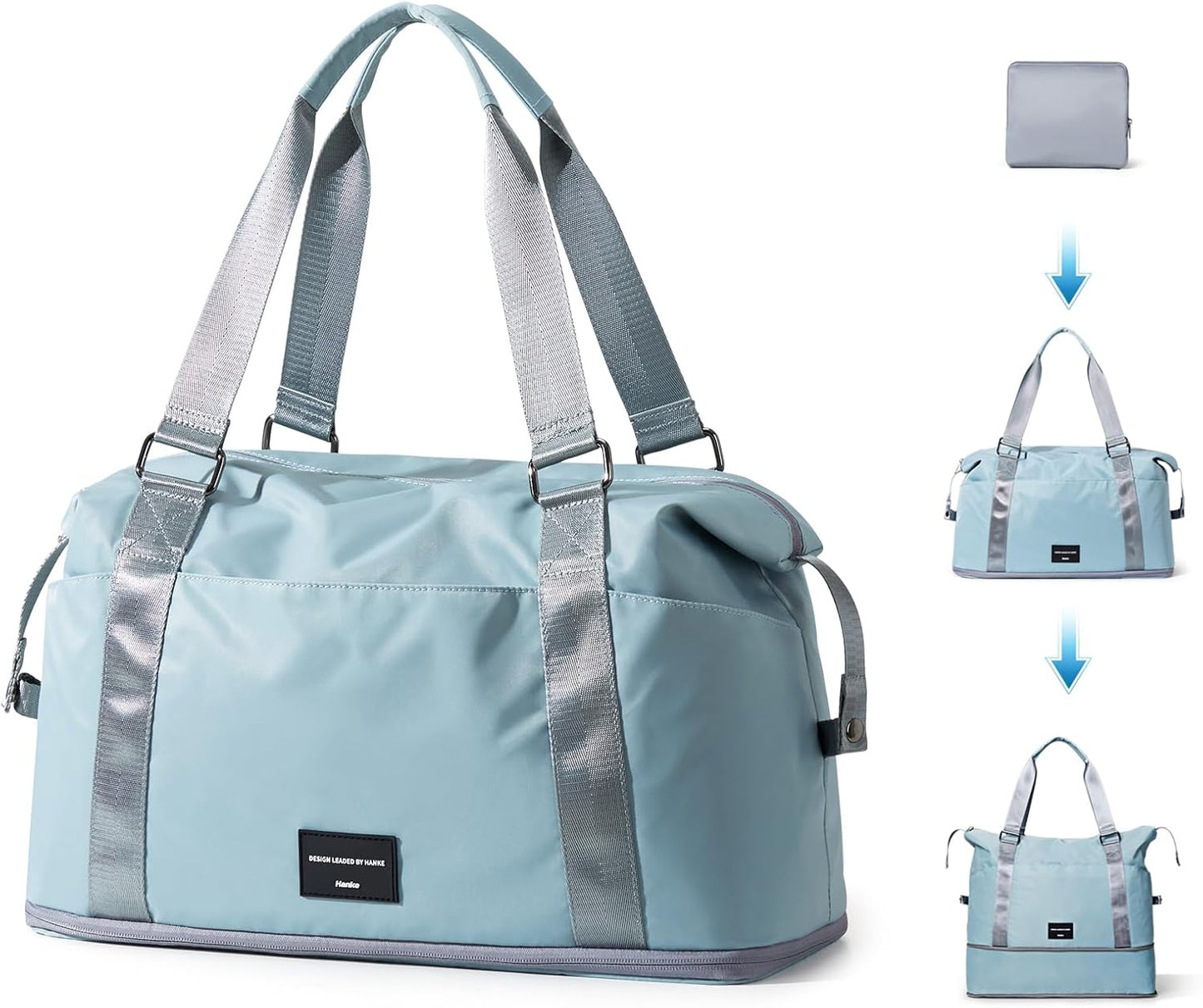 Hanke Expandable Travel Tote Bag 39L, Foldable Duffle Bag for Travel, Carry On Weekend Bags for Women With Multiple Pockets（Sky Blue）