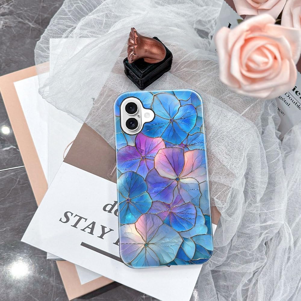 Case for iPhone 16 - Slim Fit Anti-Scratch Phone Case for Girl Women - Blue Hydrangea Floral Stained Glass Aesthetic (Glossy)