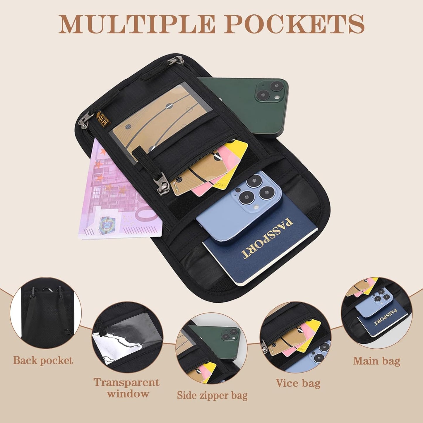 Passport Holder for Travel, Neck Pouch Travel Wallet With RFID Blocking, Waterproof Lightweight Passport Wallet for Women and Men (Black)