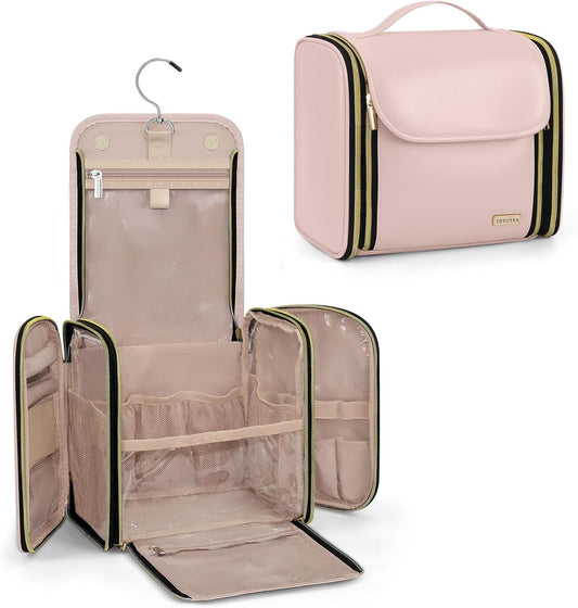Hanging Toiletry Bag, PU Leather Makeup Bag Large Capacity with Jewelry Organizer for Brushes Set, Cosmetic Accessories, Pink